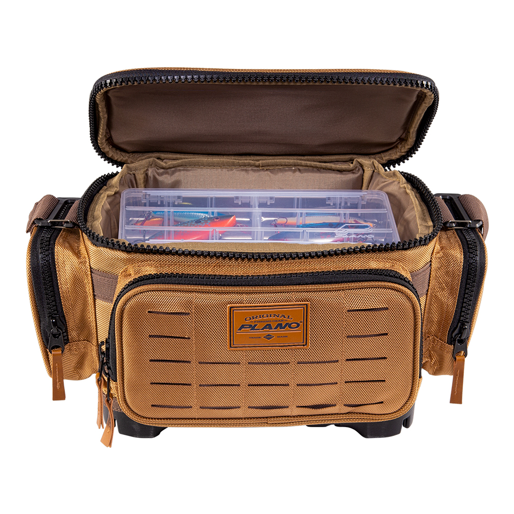Fishing tackle bag with organized compartments open.