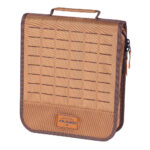 Brown carrying case with handle and grid pattern.
