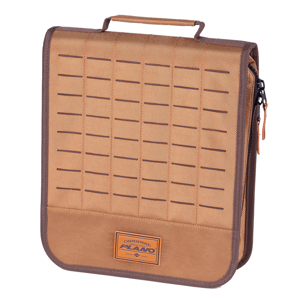 Brown carrying case with handle and grid pattern.