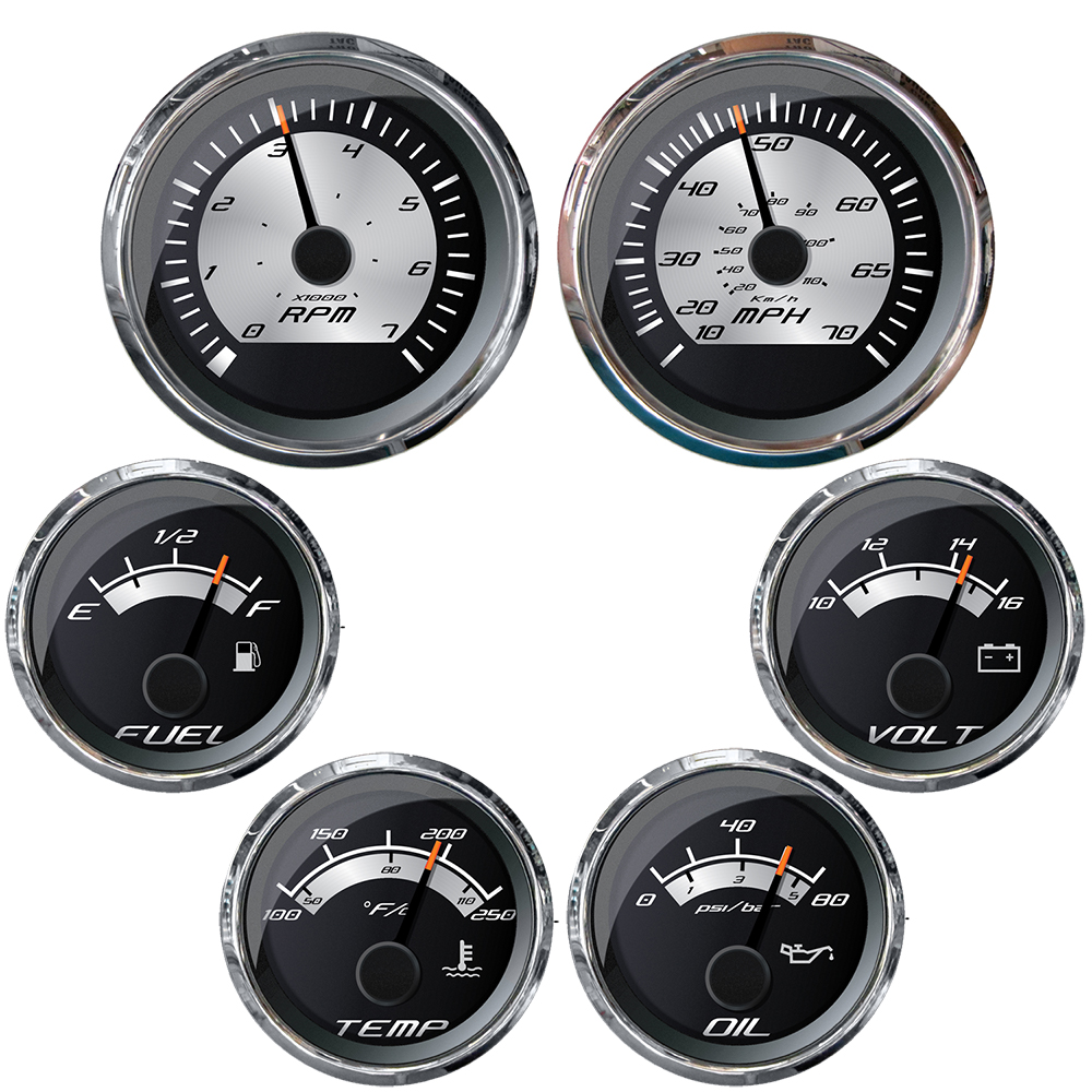 Car dashboard gauges for speed, fuel, temperature, oil.