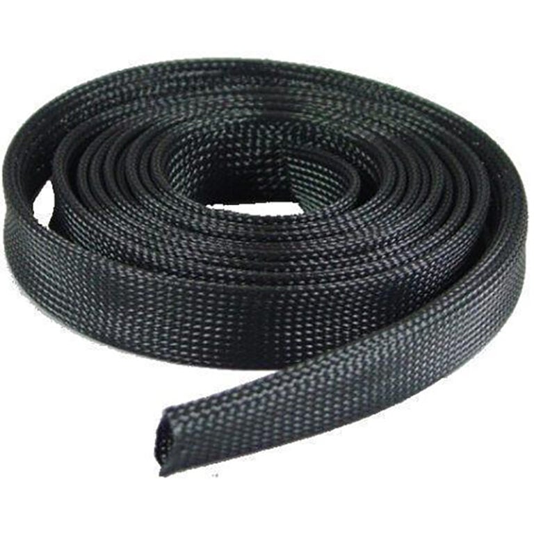 Coiled black braided cable sleeve for protection.