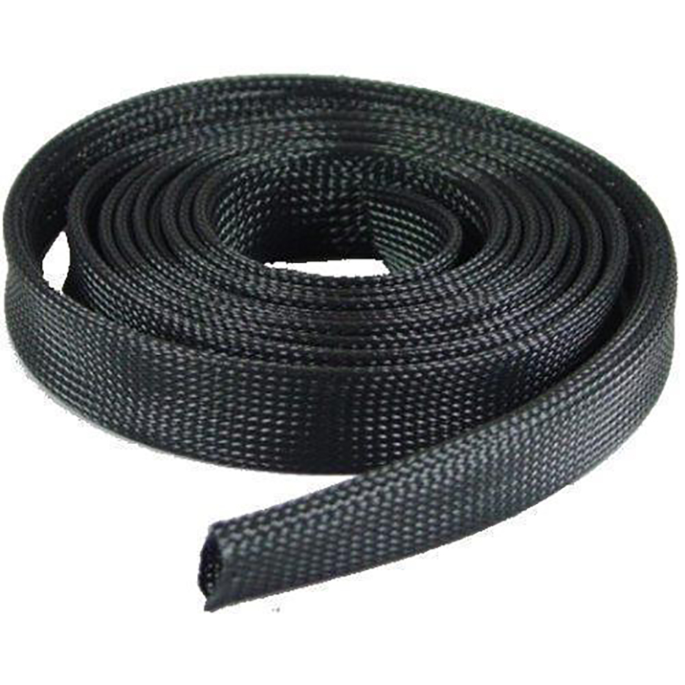 Coiled black braided cable sleeve for protection.