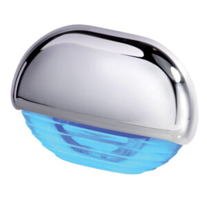Chrome and blue wall light fixture, modern design.