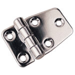 Metal hinge with four screw holes.