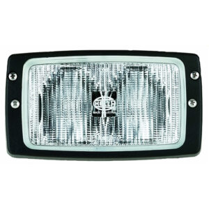 Rectangular Hella automotive headlight with logo