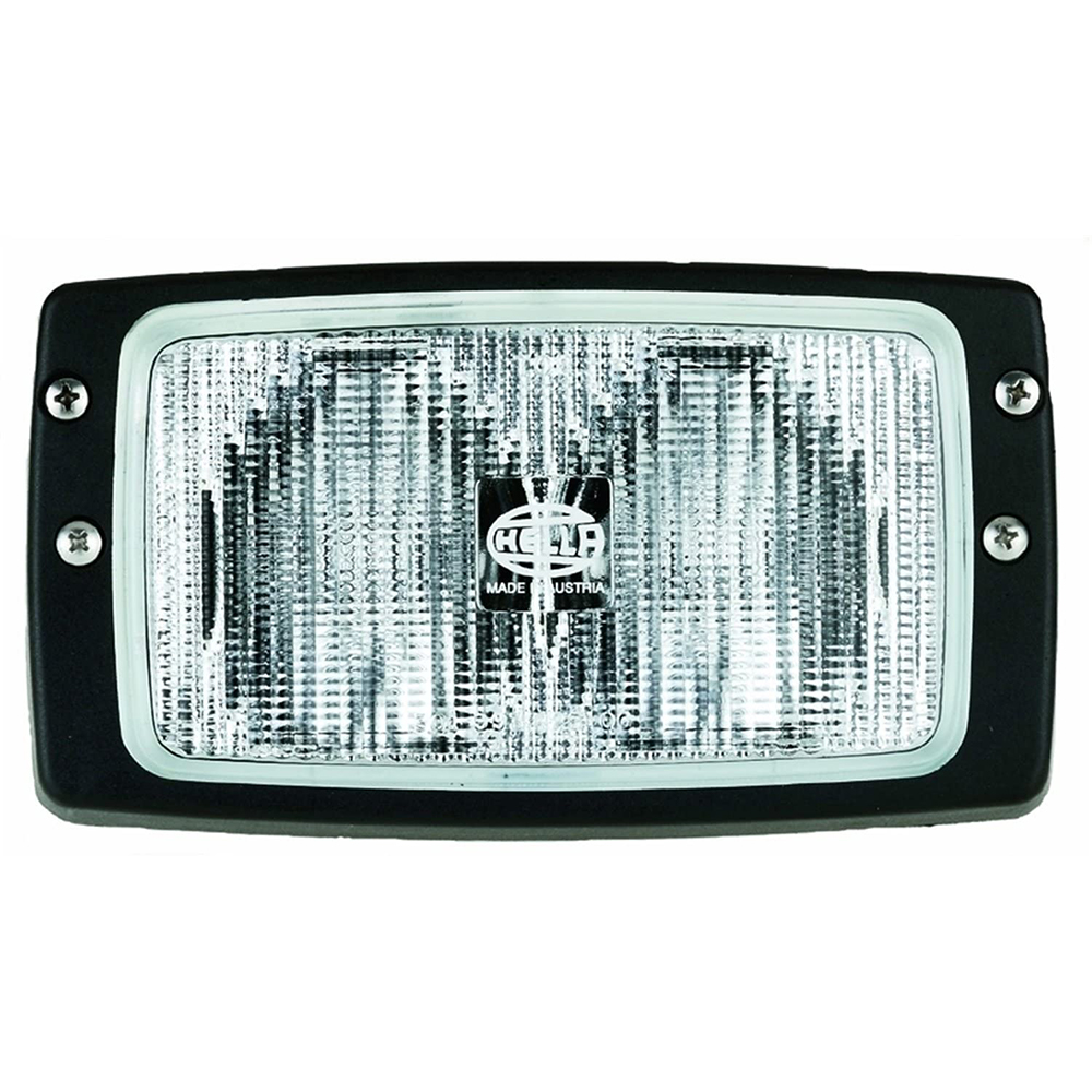 Rectangular Hella automotive headlight with logo