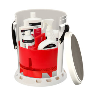 Car cleaning supplies in a bucket organizer.