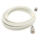 Coiled white coaxial cable with connectors.