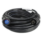 Coiled black cable with circular connectors.