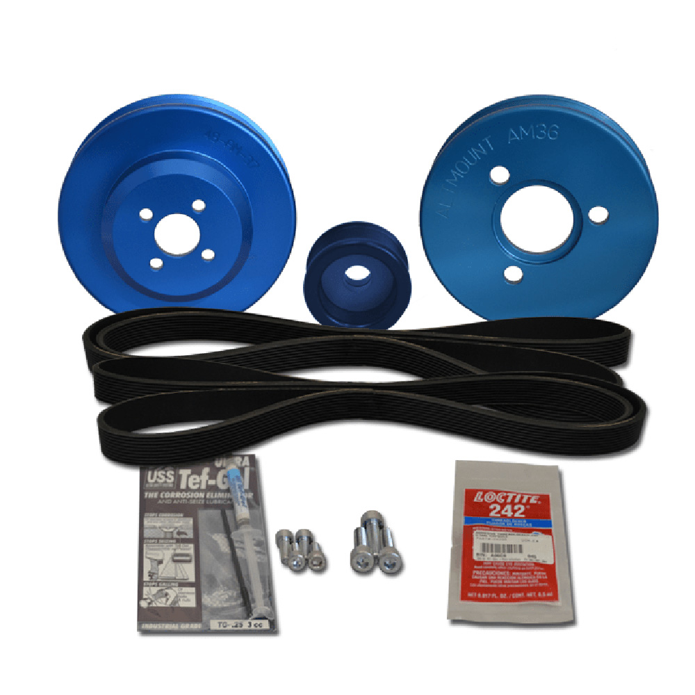 Blue pulleys, belts, and hardware kit for car engine