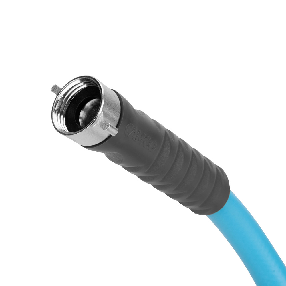 Blue RV hose with metal connector.