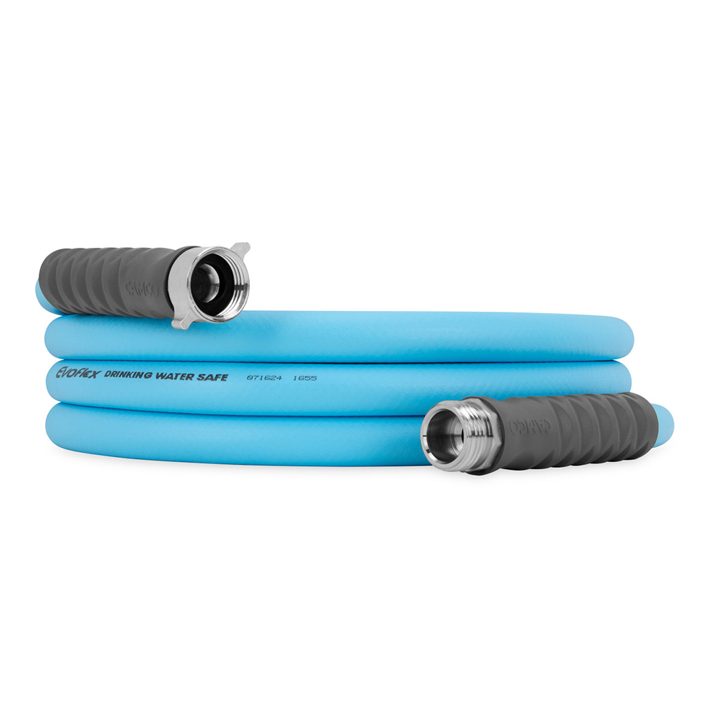 Blue water hose with metal connectors, drinking safe.