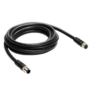 Coiled black electrical cable with connectors.