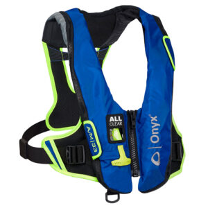Blue safety life jacket with black and green accents.