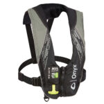 Inflatable life vest with black and gray design.
