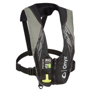Inflatable life vest with black and gray design.