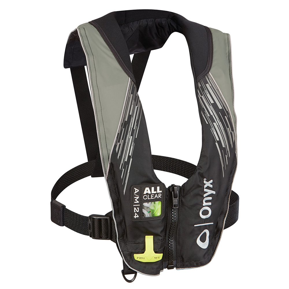 Inflatable life vest with black and gray design.