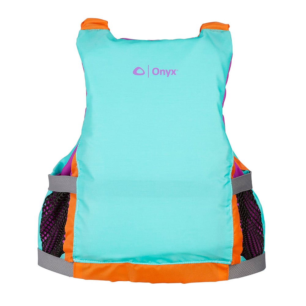 Turquoise and orange Onyx life vest.