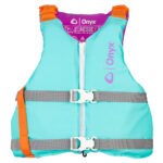 Teal youth life jacket with orange accents.