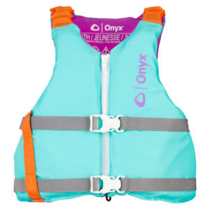 Teal youth life jacket with orange accents.