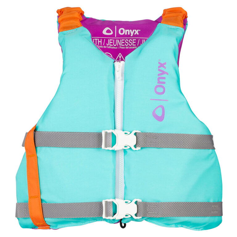 Teal youth life jacket with orange accents.