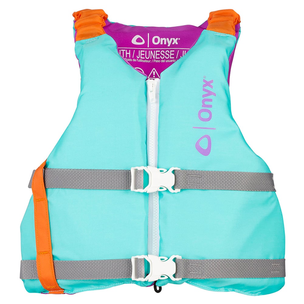 Teal youth life jacket with orange accents.