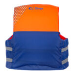 Orange and blue life jacket with reflective stripes.