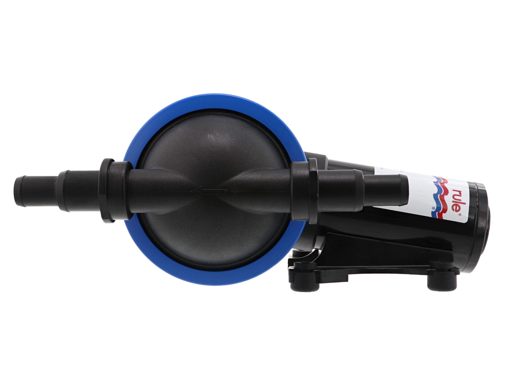 Marine bilge pump, side view, with blue accent
