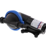 Boat bilge pump with connectors and label.