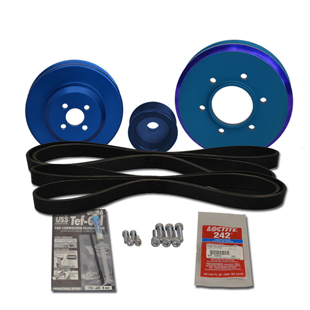 Car engine pulleys, belts, and accessory kit