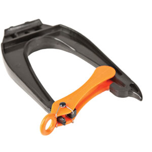 Orange plastic campfire bellows tool on white background.