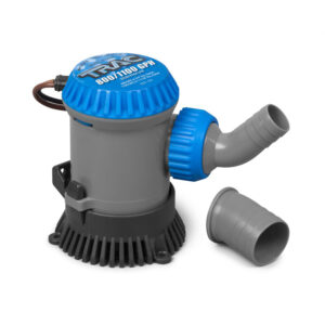 Boat bilge pump with blue top, detached hose.