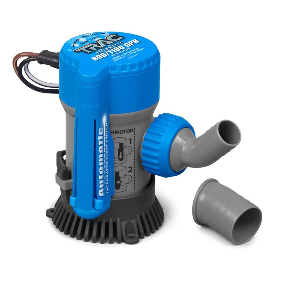 Automatic bilge pump with blue top and hose connectors.