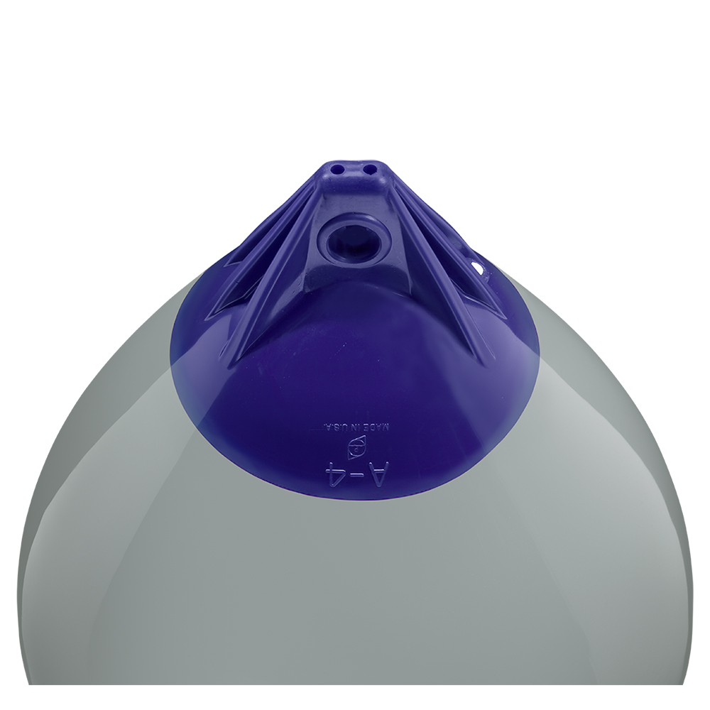 Gray buoy with purple top, close-up view.