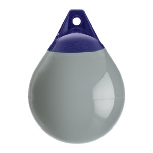 Gray buoy with blue top and hole