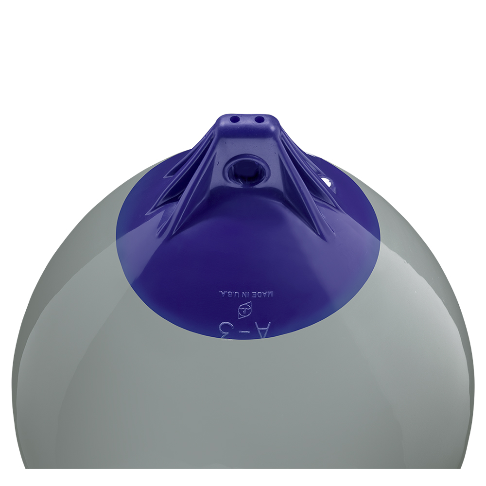 Gray boat fender with blue top view