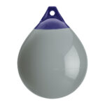 Gray marine buoy with blue top.