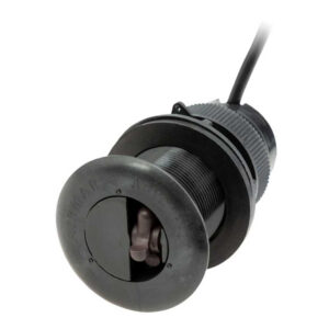 Black plastic marine speed sensor with cable attached.
