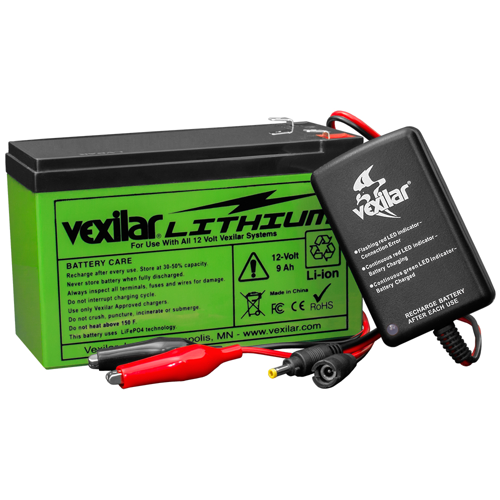 Vexilar lithium battery and charger, green and black.