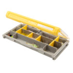 Open yellow tackle box with compartments and lures.