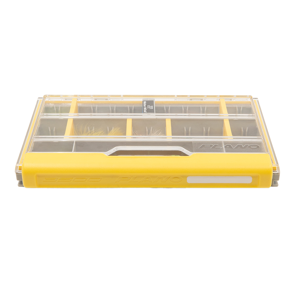 Yellow plastic storage box with compartments.