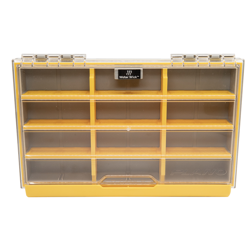 Yellow plastic organizer box with transparent lid