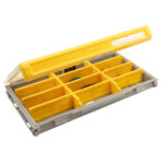 Open yellow and gray tackle box with compartments.