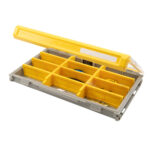 Yellow and gray plastic tackle box with compartments.