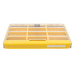 Yellow plastic organizer with compartments and transparent lid.