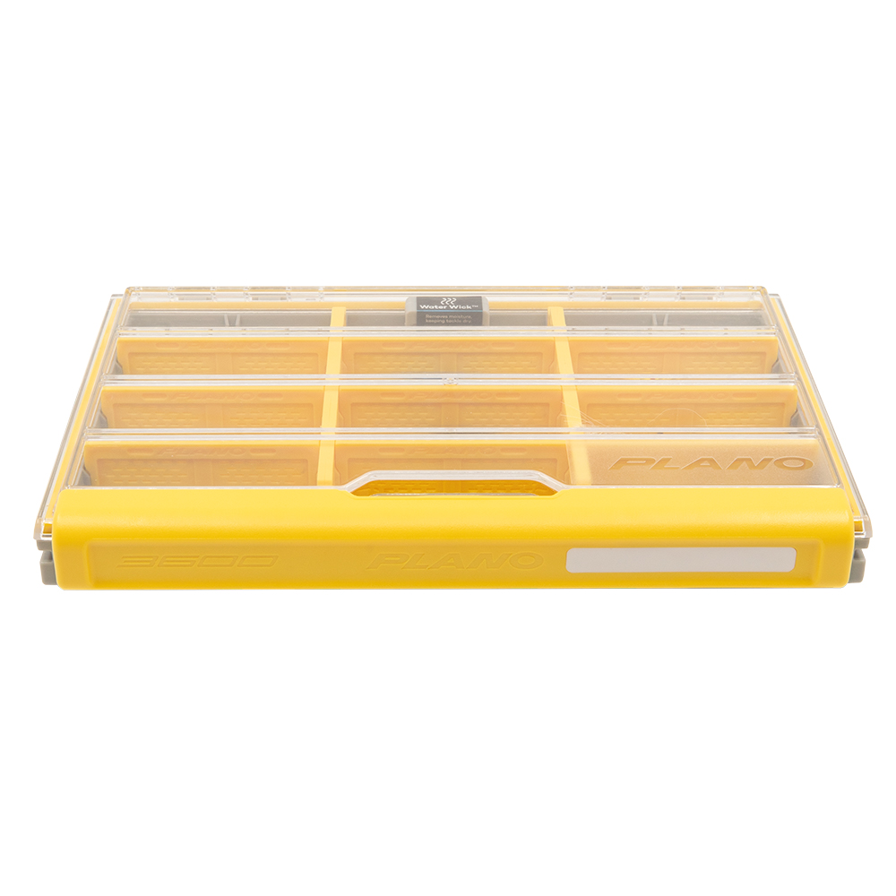 Yellow plastic organizer with compartments and transparent lid.