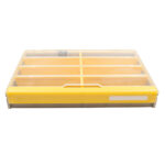 Yellow plastic organizer with transparent lid compartments.