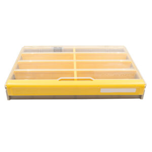 Yellow plastic organizer with transparent lid compartments.