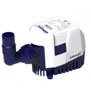 Submersible pump, white and blue, side view.