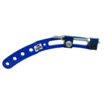 Blue adjustable bracket with bolts and holes.